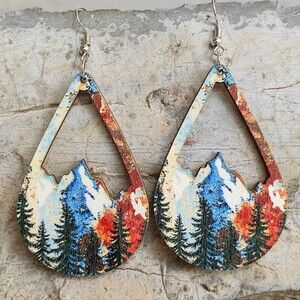 Mountain Landscape Teardrop Dangle Earrings Womens Multicolor Boho Nature PNW